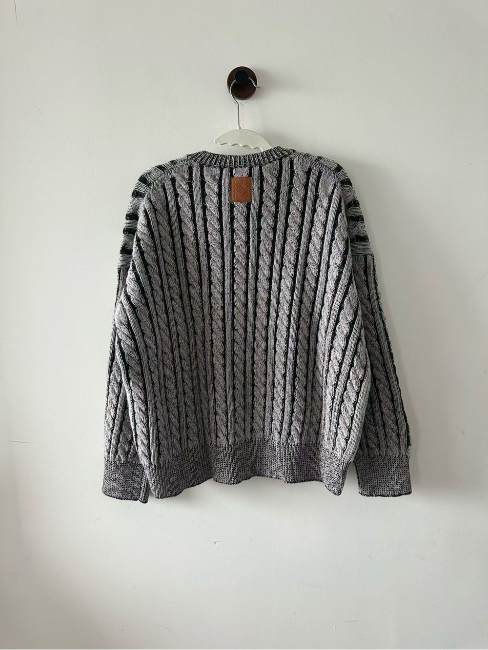 Loewe Gray and Black Cable Knit Sweater with Leather Logo Patch - Picture 2 of 4